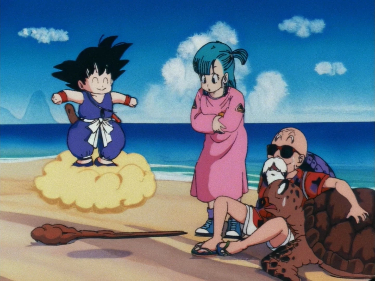 Goku recibe la Nube Voladora junto a Bulma y Roshi